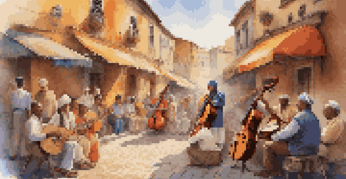 A traditional musician playing a lute in a colorful street, surrounded by a diverse audience enjoying the music.