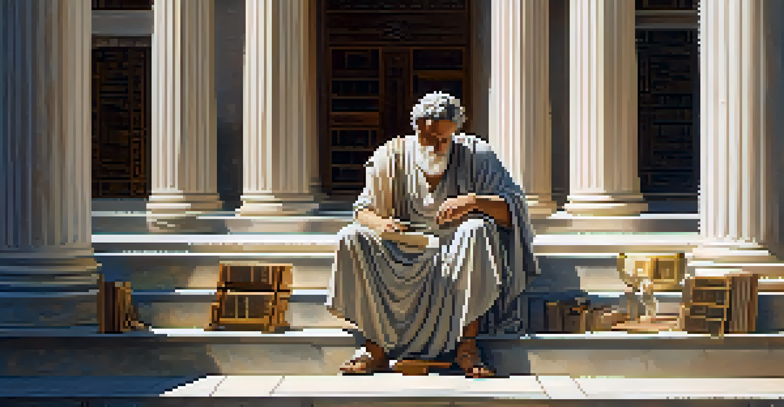 An ancient Greek philosopher in a courtyard surrounded by musical instruments, scrolls, and books, with classical architecture in the background.
