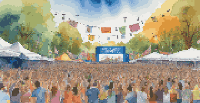 A lively music festival with a diverse crowd enjoying performances, colorful environmental banners, and a bright blue sky.