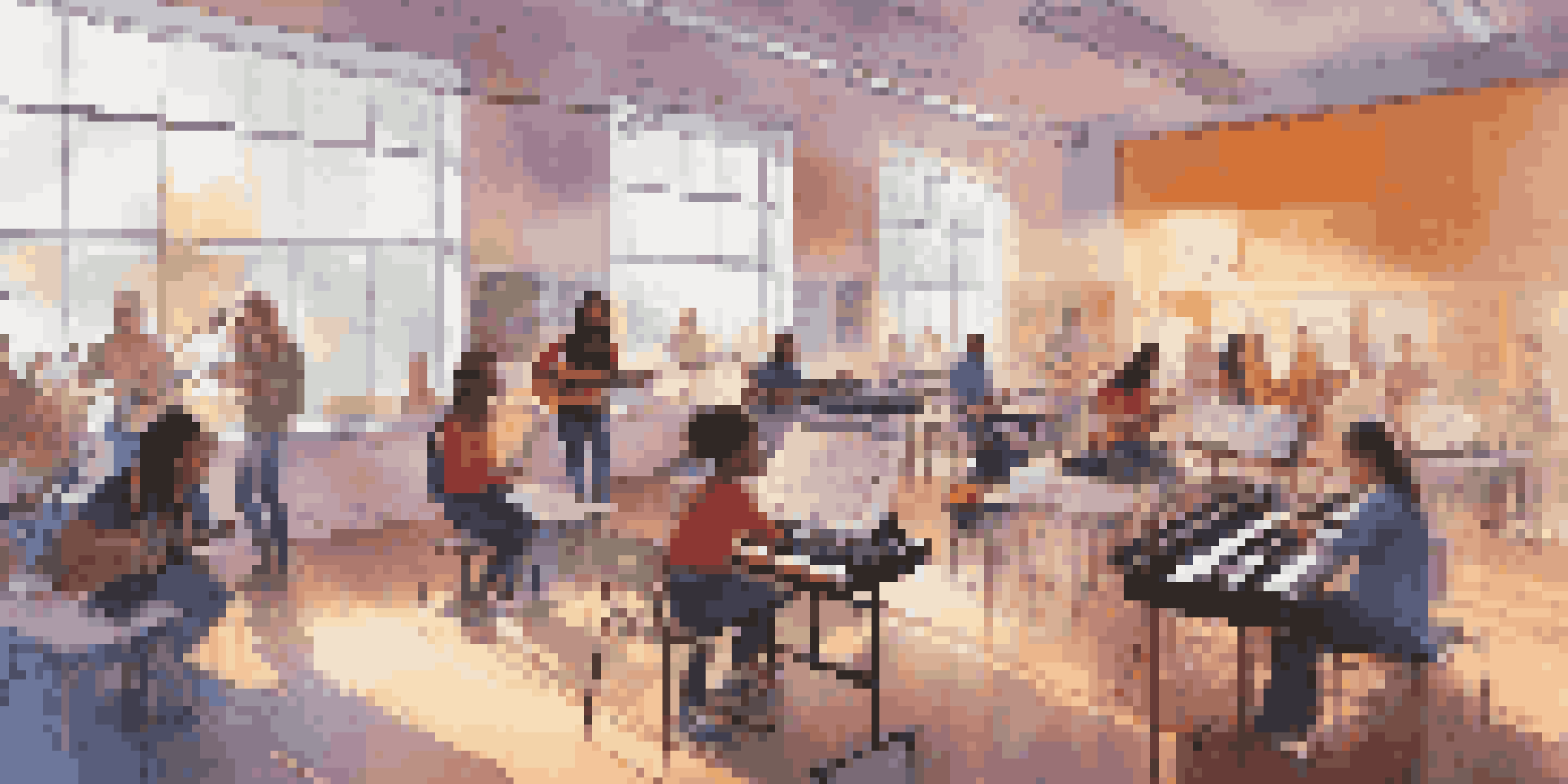 A lively classroom with students learning music, using digital tools and instruments, in a bright and colorful environment.