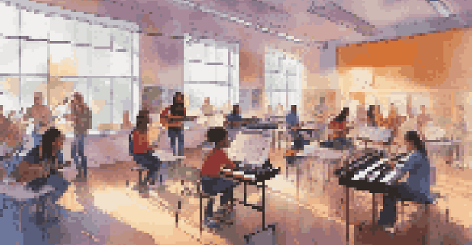A lively classroom with students learning music, using digital tools and instruments, in a bright and colorful environment.