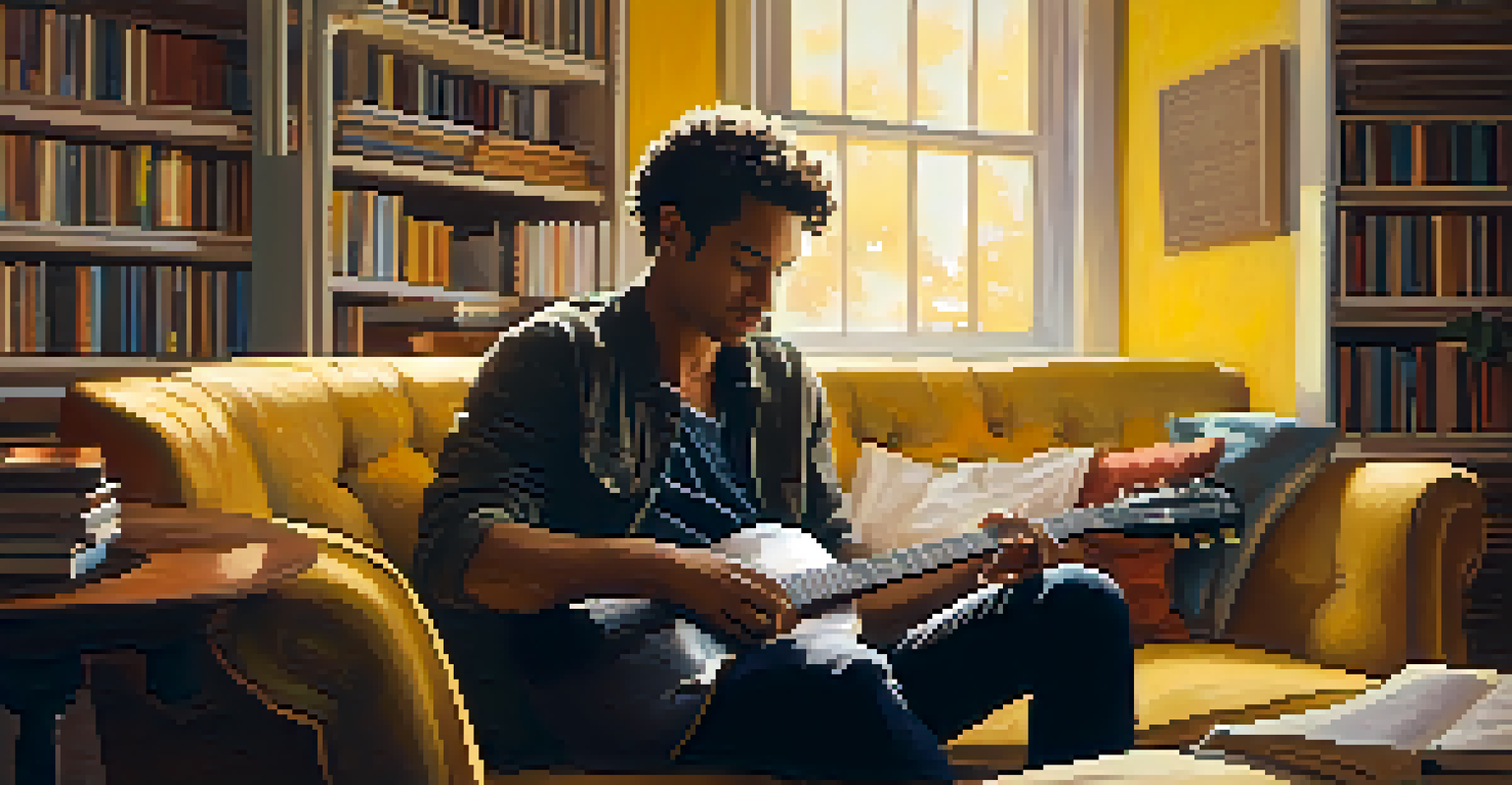 A musician writing lyrics in a notebook, sitting on a sofa in a warmly lit room filled with books.