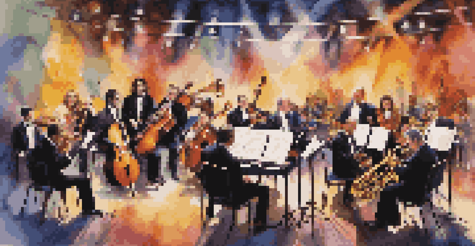 A vibrant collage of classical musicians and a jazz band performing together on stage, showcasing the fusion of different music styles with colorful lights.