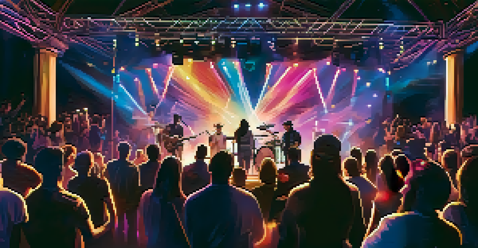 A live music performance with a band on stage, an enthusiastic audience, and colorful lights synchronized with the music.