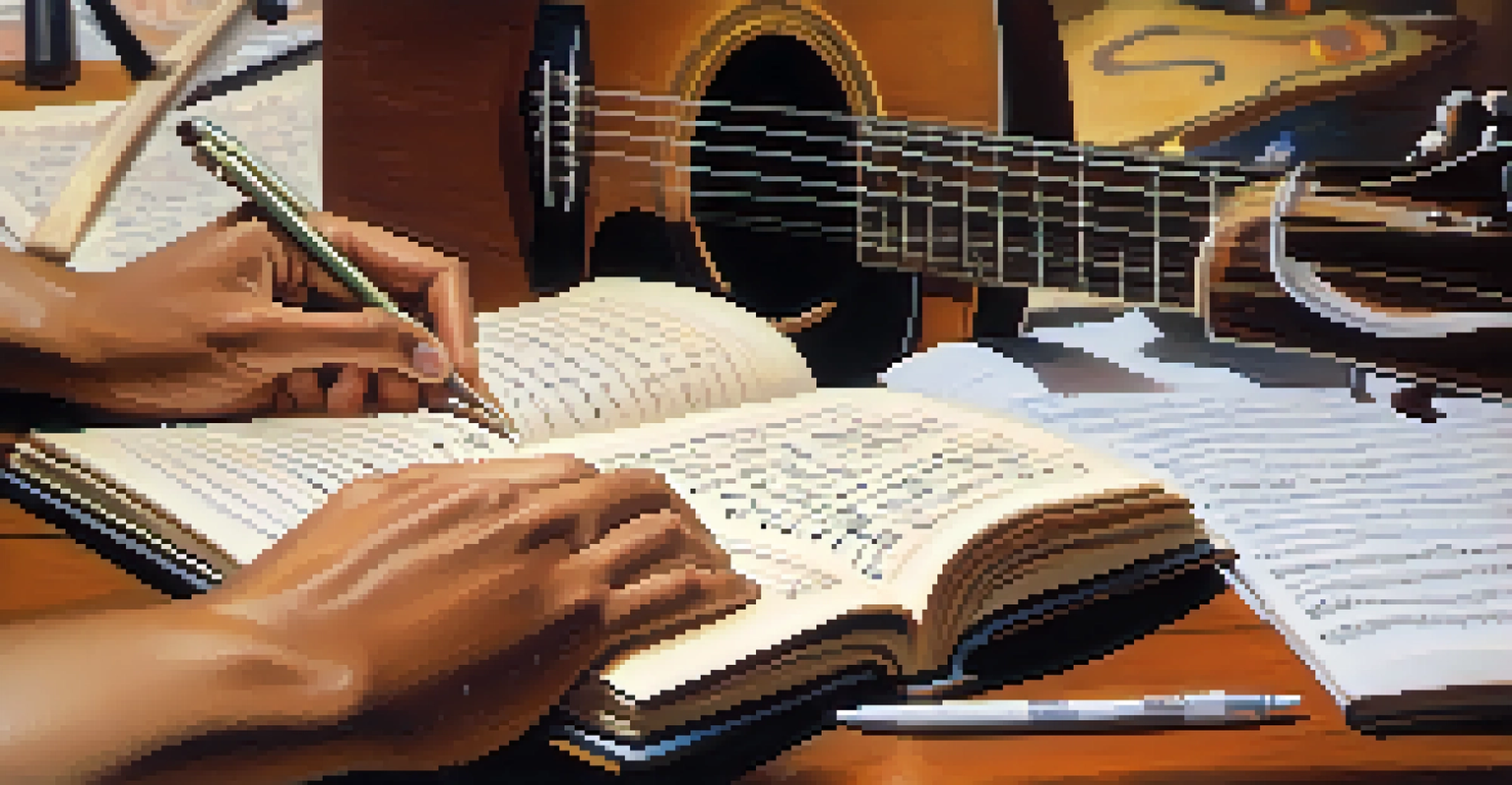 Close-up of hands writing lyrics in a notebook, with a guitar in the background, symbolizing creativity in music therapy.