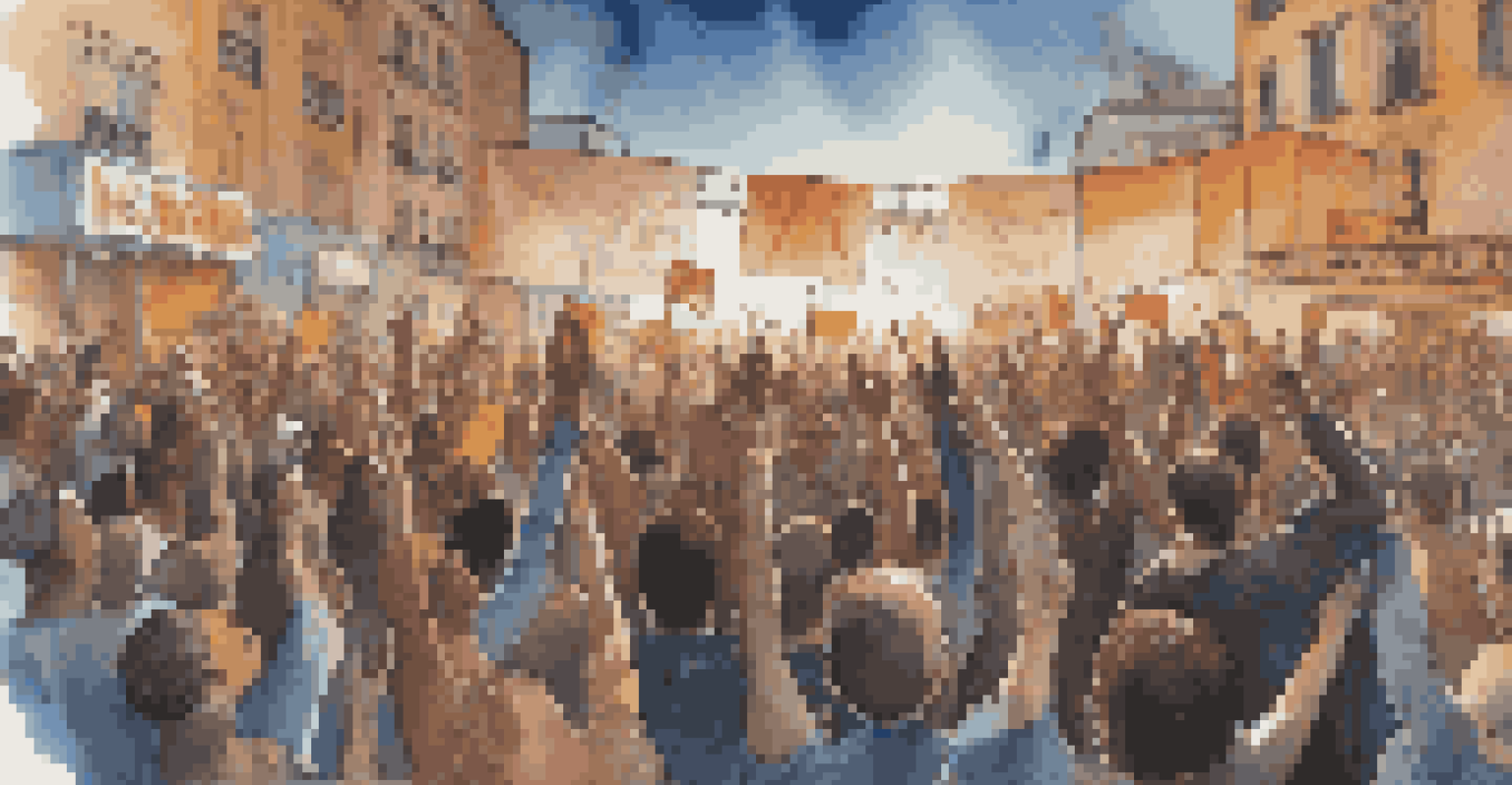 Musicians performing on stage at a protest rally, with an engaged audience, surrounded by banners and lights under a clear sky.