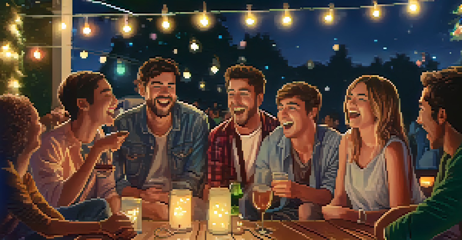 A group of friends singing karaoke outdoors under fairy lights, with a portable speaker and lyrics displayed on a screen.