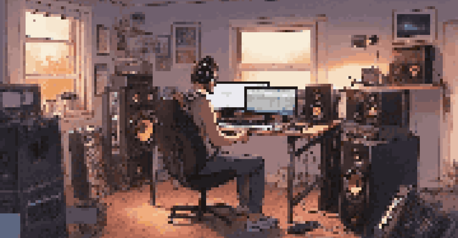 An artist working in a modern home studio, surrounded by music production equipment and soft ambient lighting.