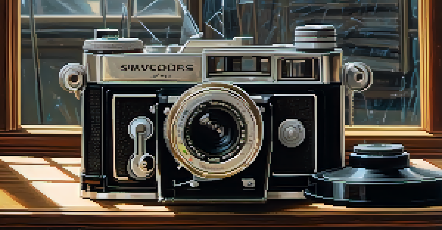 A vintage film camera on a wooden table with musical notes and a vinyl record, illuminated by soft natural light.