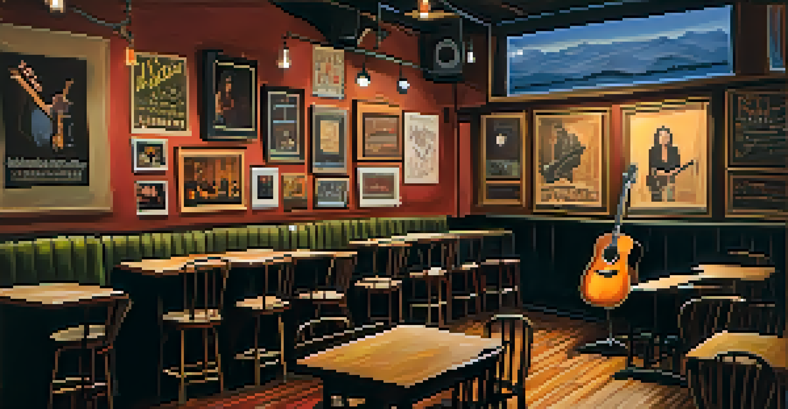 A cozy local music venue featuring a small stage, dim lighting, and an audience enjoying a solo musician playing acoustic guitar, decorated with performance posters.