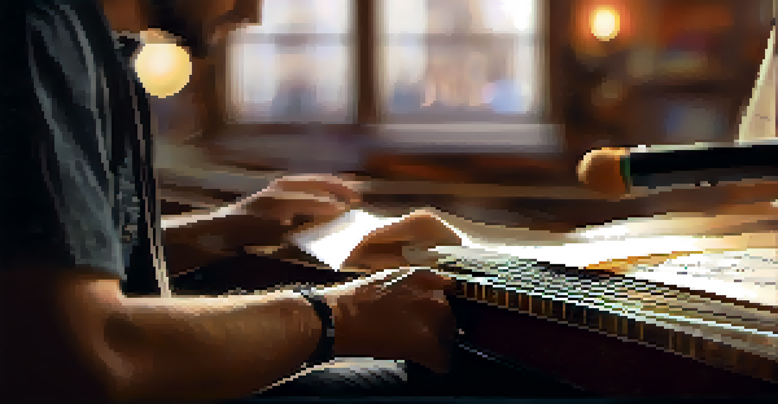 A close-up of a musician playing a guitar with sheet music and a laptop in the background, warm lighting.
