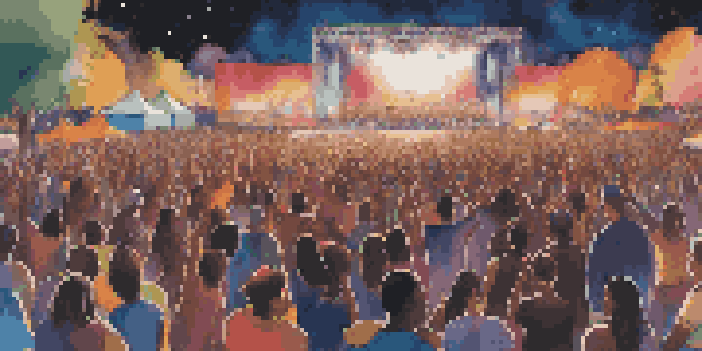 A lively music festival with diverse people enjoying performances on stage, holding banners for social justice under colorful lights.