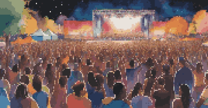 A lively music festival with diverse people enjoying performances on stage, holding banners for social justice under colorful lights.