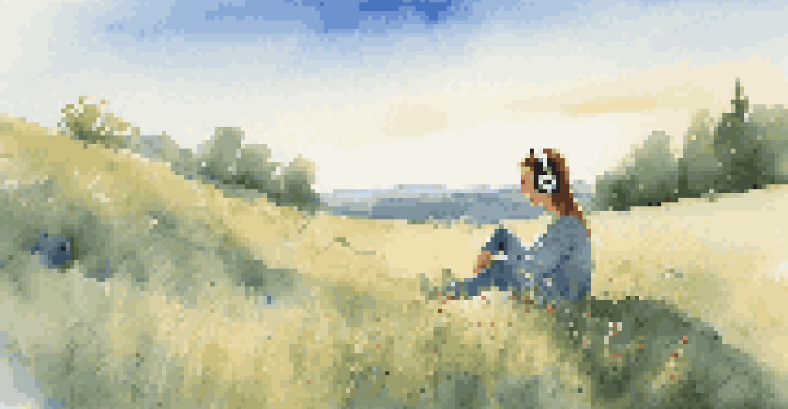 A person enjoying music on a hilltop surrounded by nature, conveying a sense of joy and tranquility.