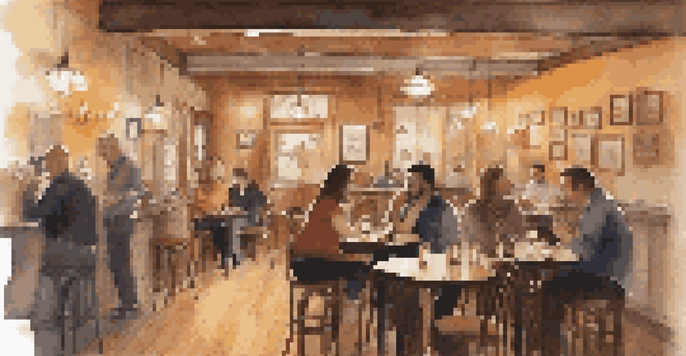 A cozy café with a live singer and patrons enjoying the music.