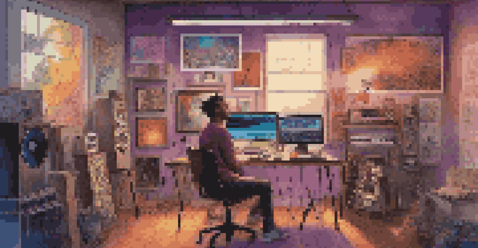 A modern music studio where an artist is creating music using technology, with colorful lighting and posters of different musical genres in the background.