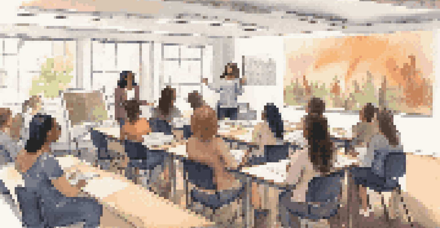 A classroom with women attending a music licensing workshop, with an instructor presenting and participants engaged with notebooks and laptops.