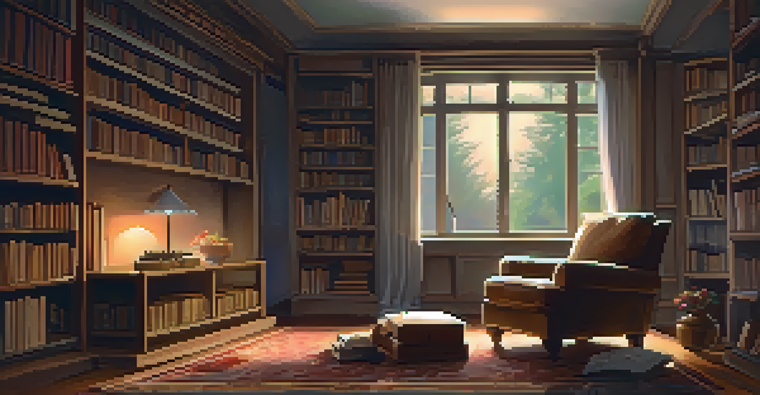 A cozy living room with a person sitting silently in an armchair, surrounded by books and warm lighting, creating an atmosphere of introspection.