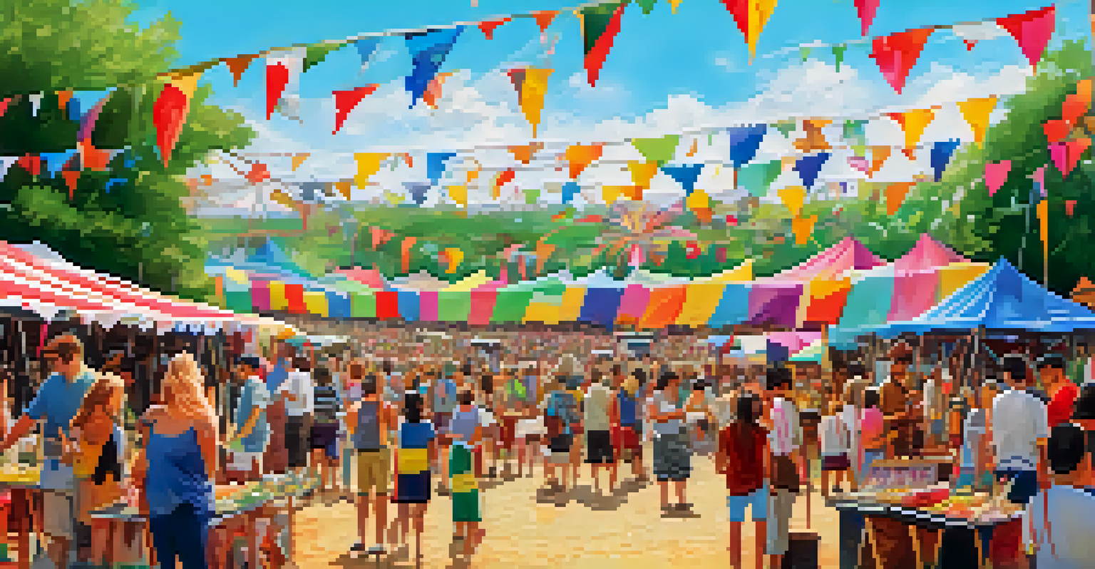 A panoramic view of a lively music festival with food stalls, diverse attendees, colorful flags, and a performance stage surrounded by greenery and flowers.