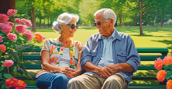 An elderly couple sharing headphones on a park bench, enjoying music together, surrounded by greenery and flowers.