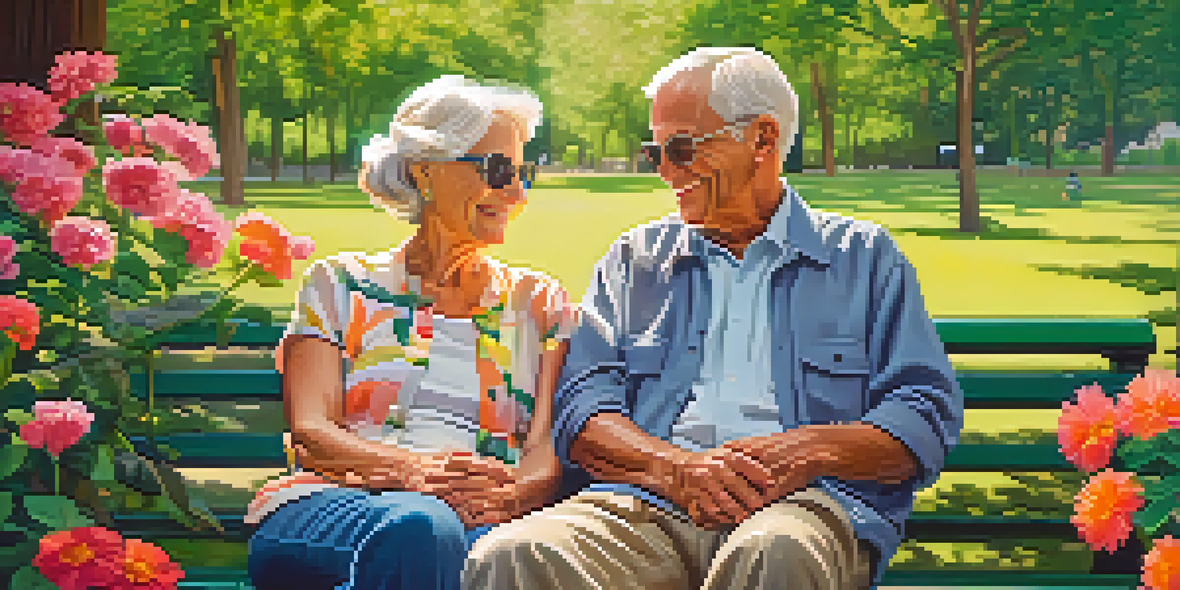 An elderly couple sharing headphones on a park bench, enjoying music together, surrounded by greenery and flowers.