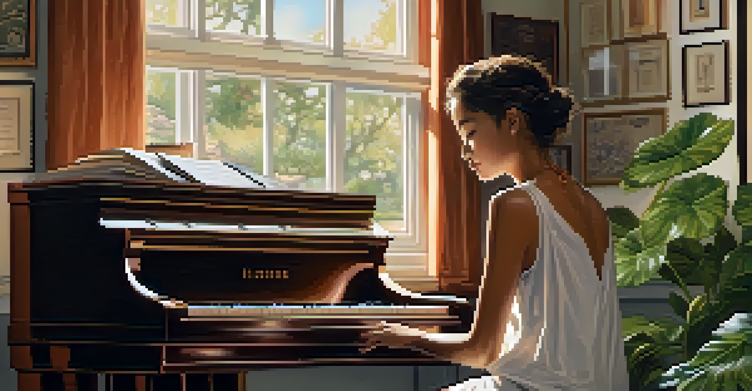 A student practicing piano in a cozy room, with soft lighting and musical decor.