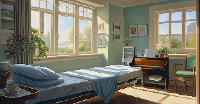 A hospital room with a patient resting and a musician playing guitar, creating a serene atmosphere with sunlight and calming decor.