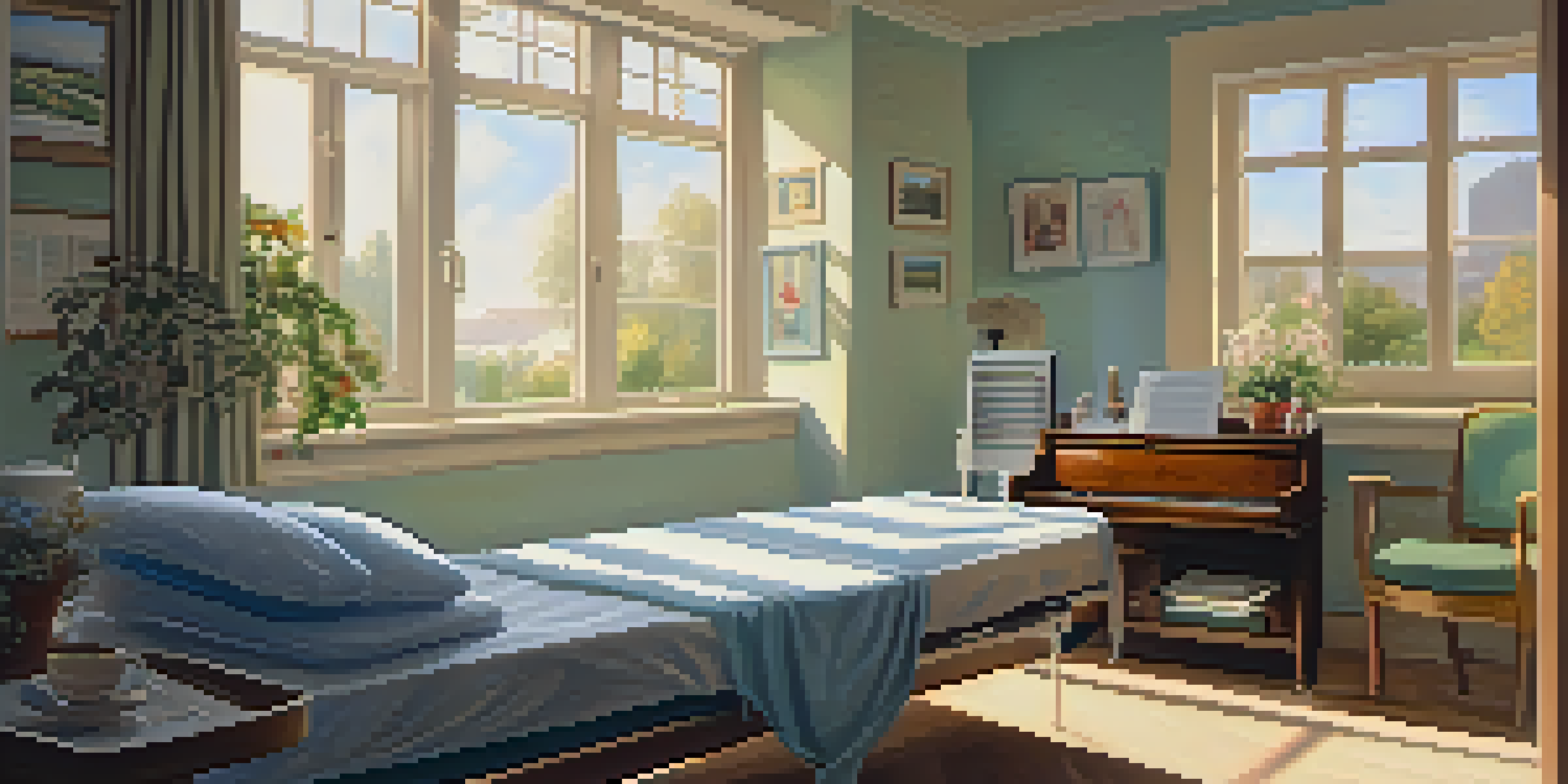 A hospital room with a patient resting and a musician playing guitar, creating a serene atmosphere with sunlight and calming decor.