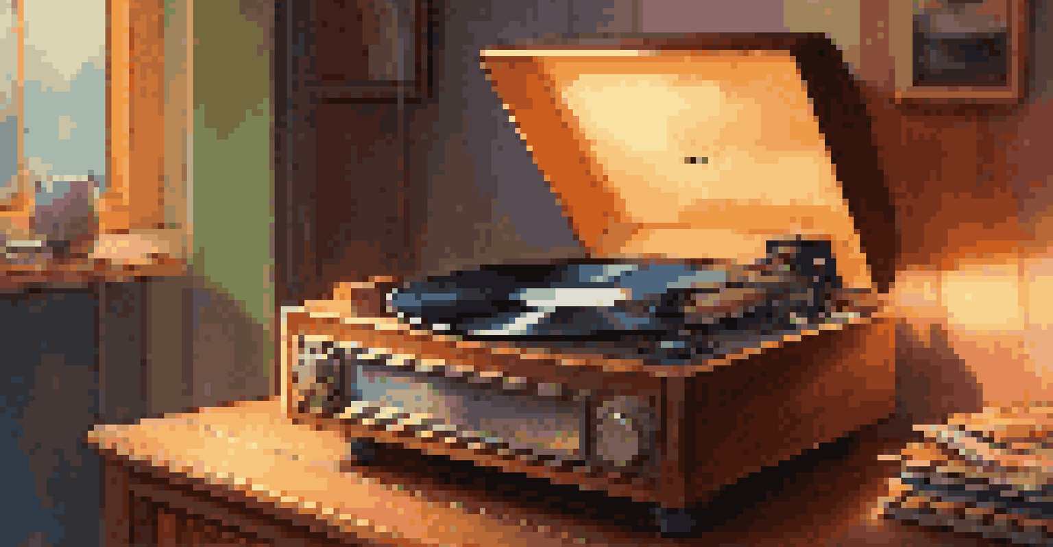 A close-up of a spinning vinyl record player with colorful records stacked beside it, creating a nostalgic atmosphere.