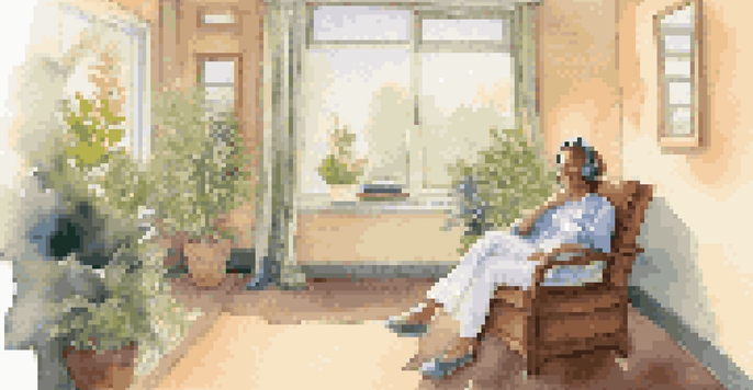 A cancer patient sitting in a hospital room, looking relaxed while listening to music through headphones.