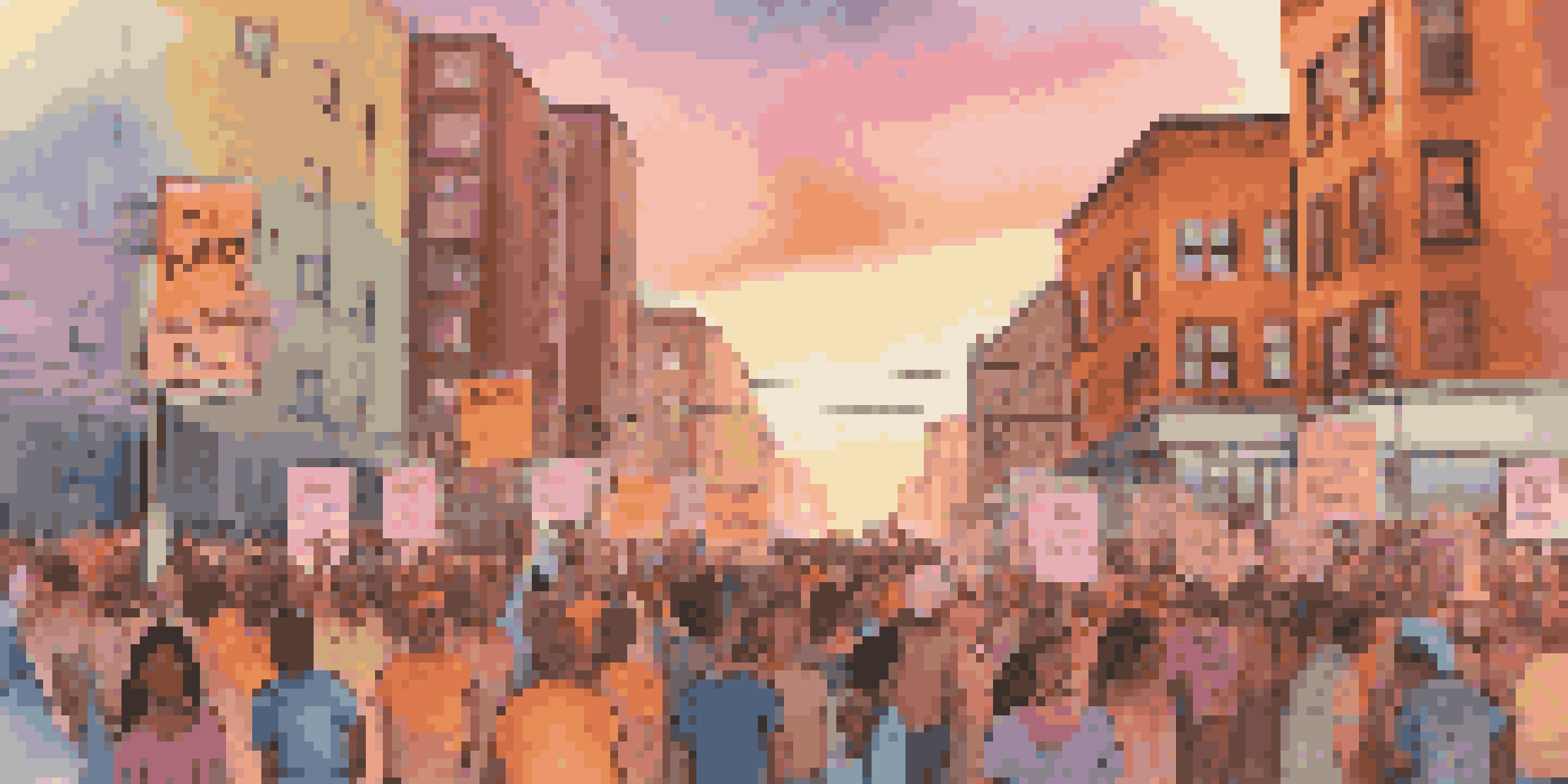 A lively protest scene with diverse individuals holding colorful signs, set against a city skyline during sunset.