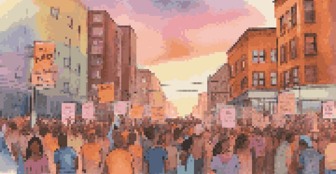 A lively protest scene with diverse individuals holding colorful signs, set against a city skyline during sunset.