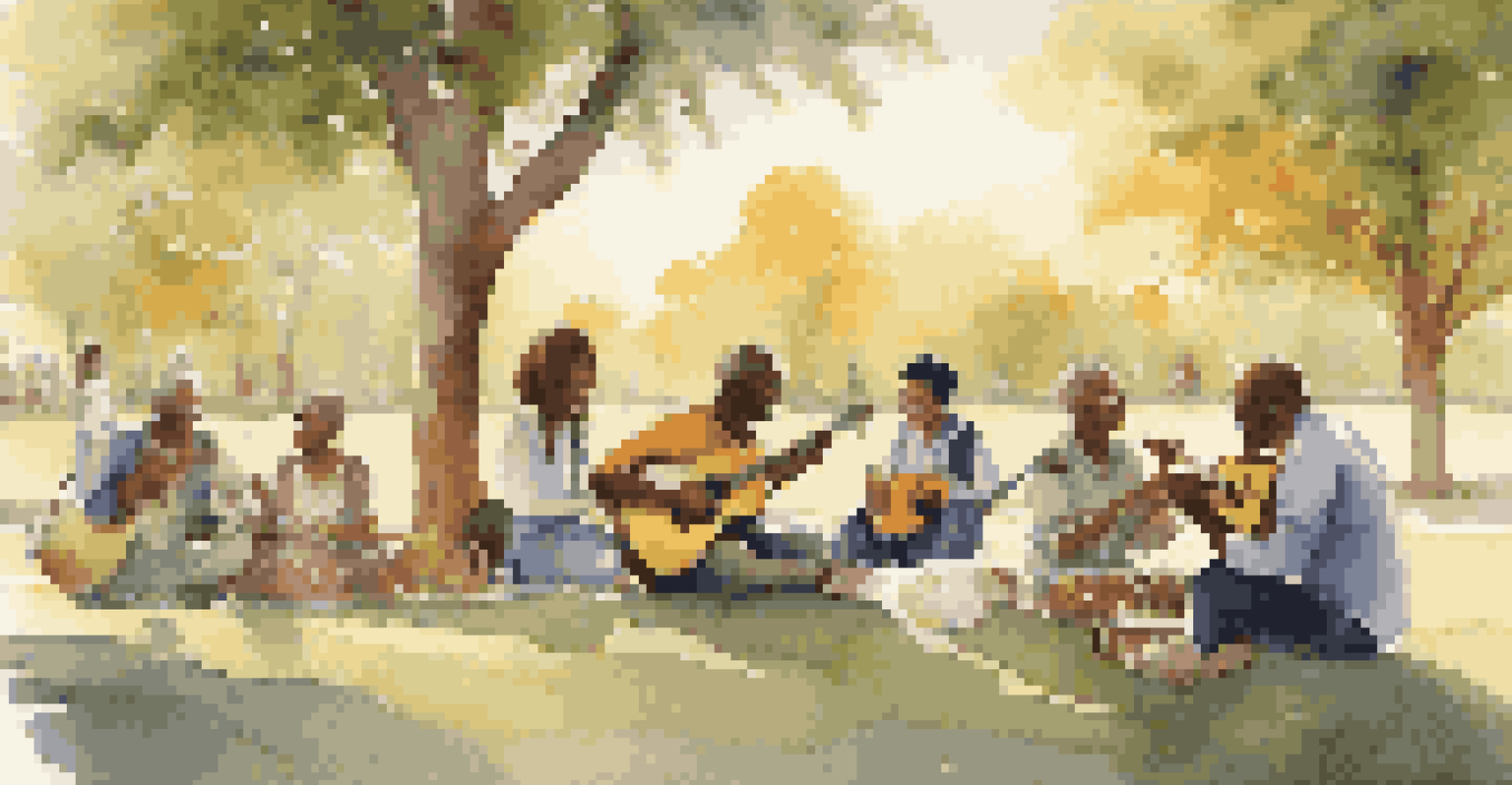A group of diverse individuals in a park playing music together, with a warm sunset glow creating an atmosphere of unity.