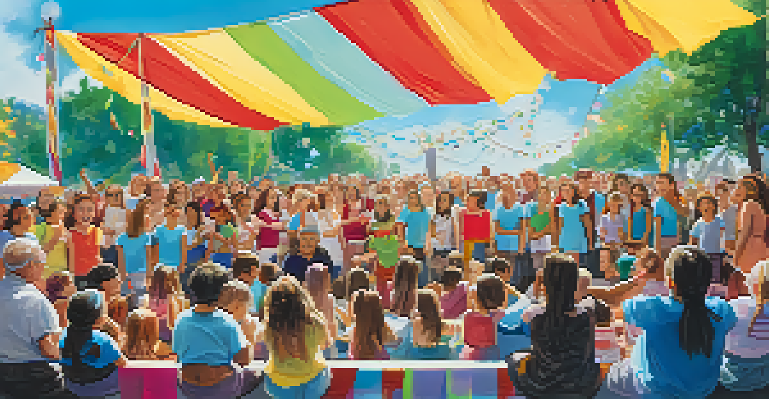 An intergenerational choir performing on an outdoor stage at a festival, with an engaged audience clapping and enjoying the music.