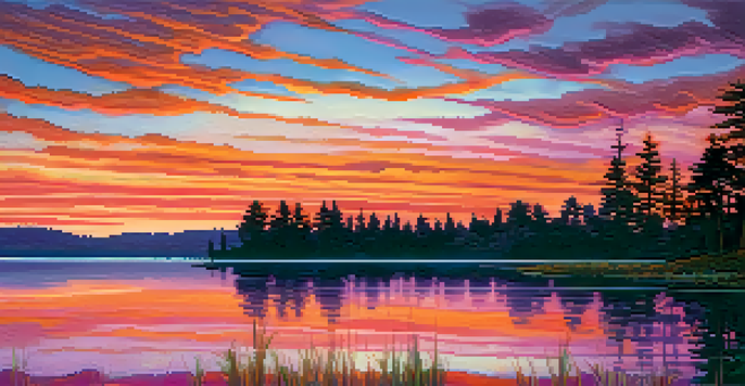 A beautiful sunset over a calm lake with silhouetted trees and colorful reflections in the water.