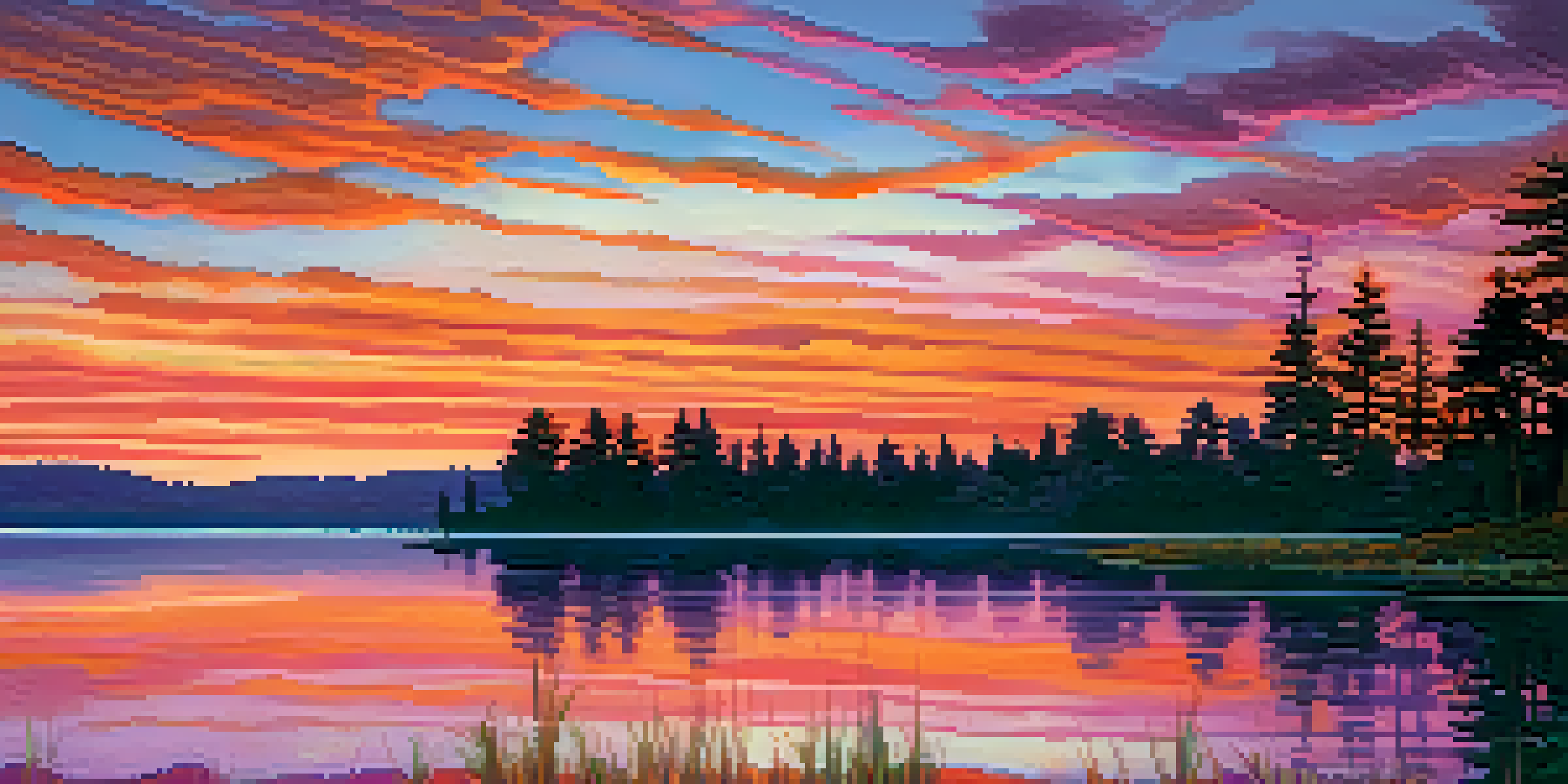 A beautiful sunset over a calm lake with silhouetted trees and colorful reflections in the water.