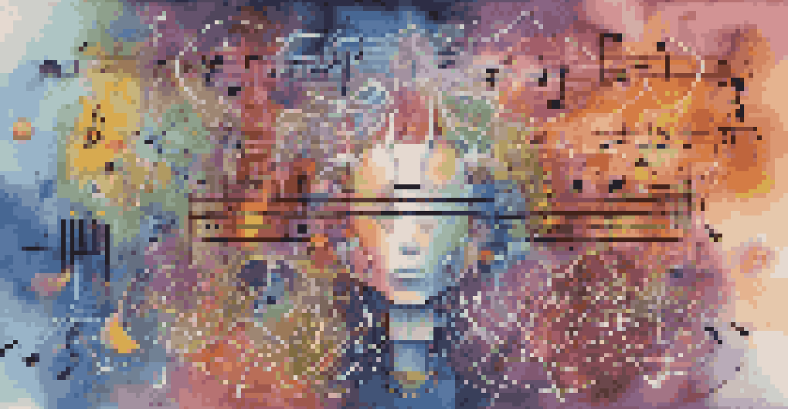 An abstract visual of artificial intelligence intertwined with musical elements, showcasing vibrant colors and futuristic circuitry.