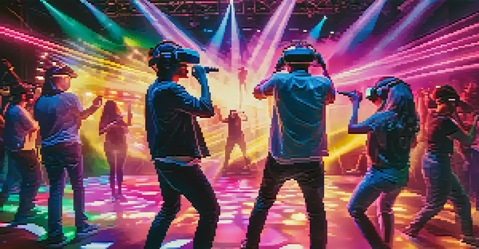 Fans enjoying a virtual reality concert, fully immersed in an energetic performance with colorful lights.