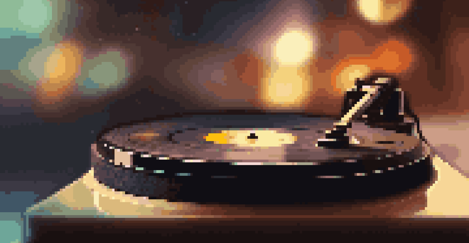 A close-up of a spinning vinyl record on a turntable, surrounded by warm light reflections and soft bokeh lights in the background.