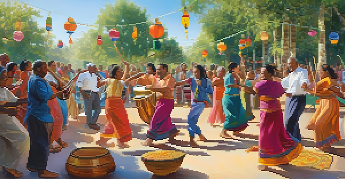 A diverse group of people celebrating with music outdoors, showcasing joy and cultural unity.