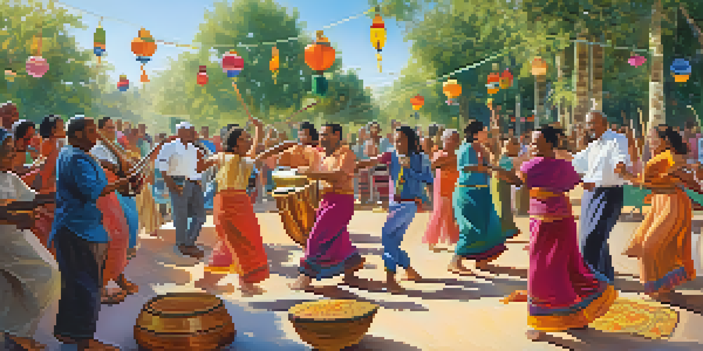 A diverse group of people celebrating with music outdoors, showcasing joy and cultural unity.