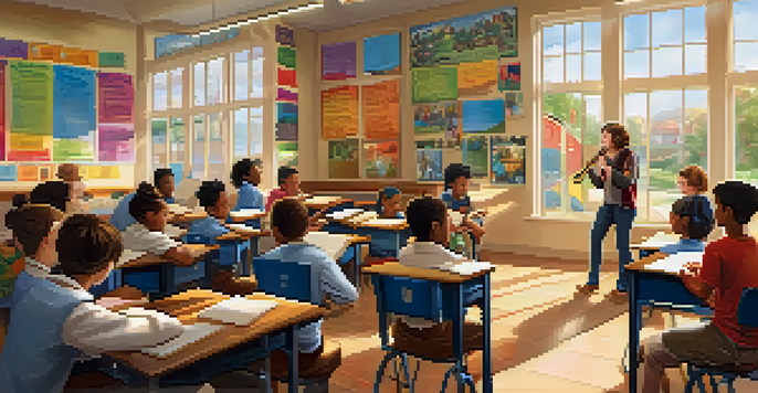 A bright classroom where students are learning through music, with a teacher playing guitar and colorful educational posters.