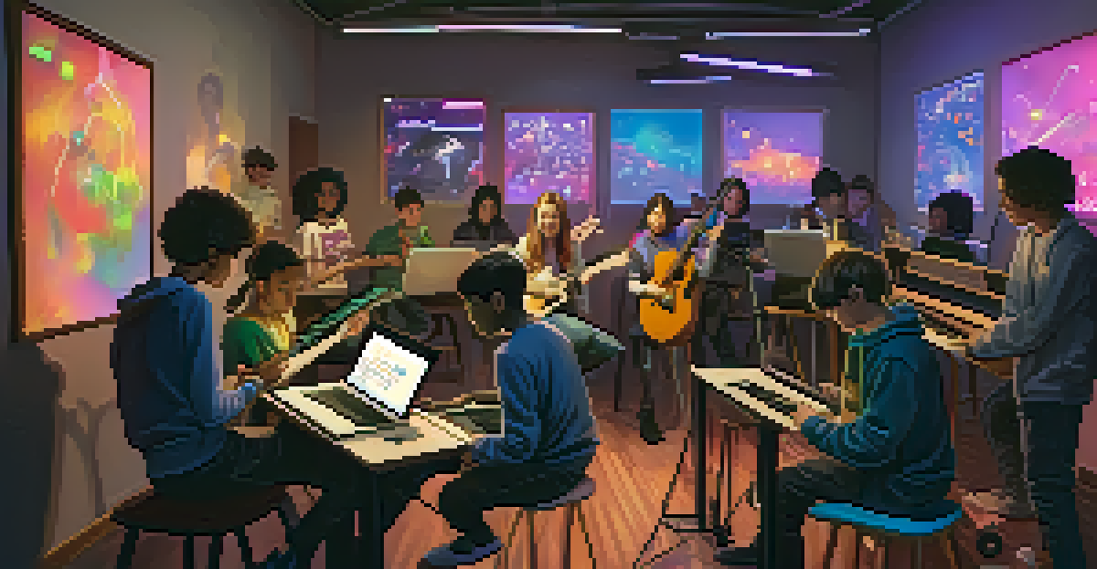 A group of young musicians collaborating with laptops and tablets in a colorful, modern room filled with instruments, exuding a lively and collaborative spirit.