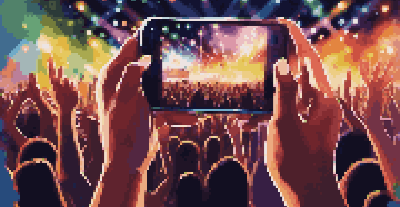 A close-up of a hand holding a smartphone to capture a live performance at an outdoor festival, with colorful stage lights and an engaged crowd in the background.