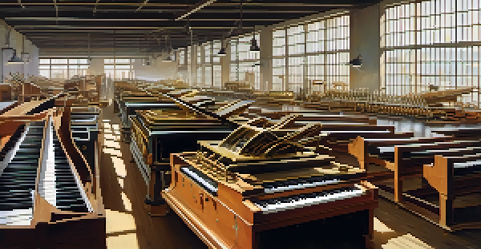 A factory producing musical instruments with pianos and brass instruments on an assembly line, illuminated by natural light.