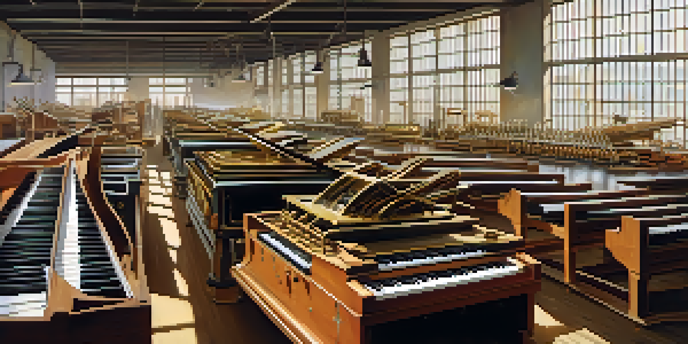 A factory producing musical instruments with pianos and brass instruments on an assembly line, illuminated by natural light.