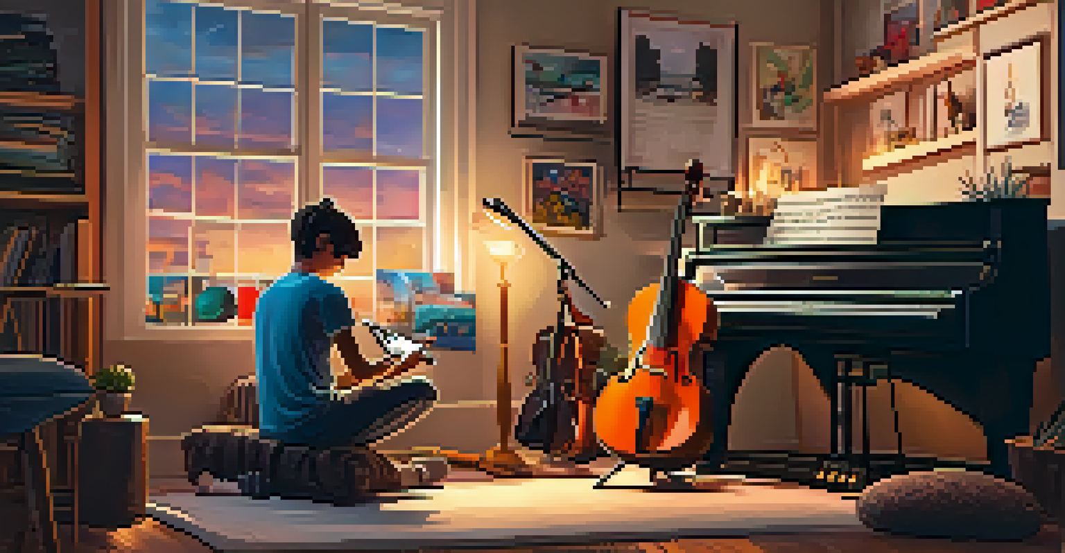 A young musician in a home studio recording their performance on a smartphone, surrounded by instruments and warm lighting.