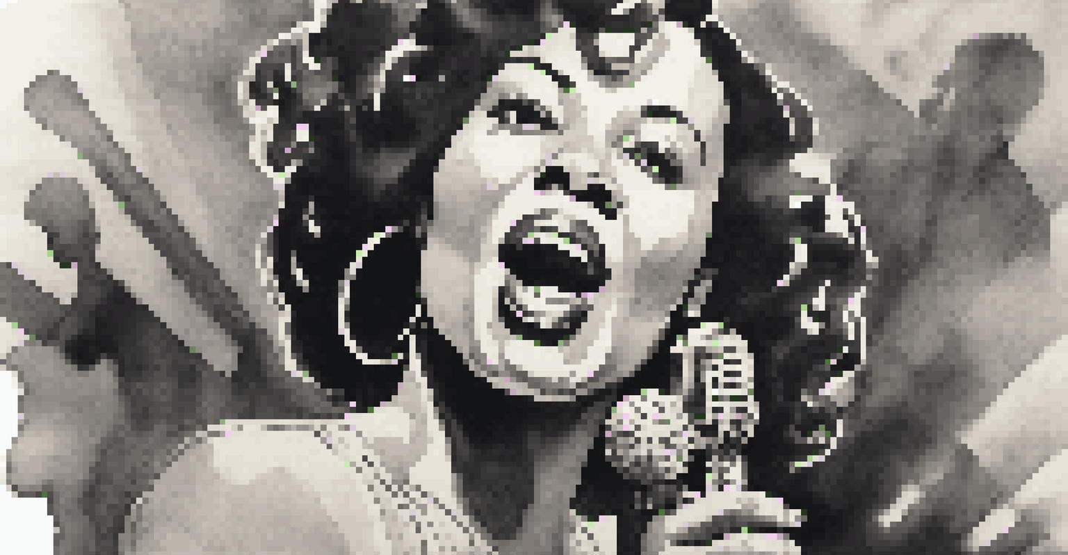 A woman singing into a vintage microphone with blurred protest signs in the background, highlighting music and activism.