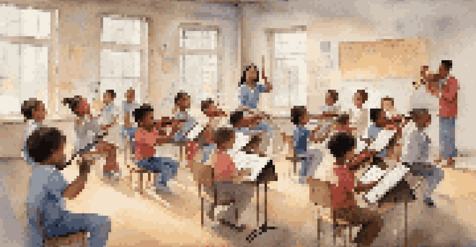 Children in a classroom playing different musical instruments during a music lesson with an enthusiastic teacher.