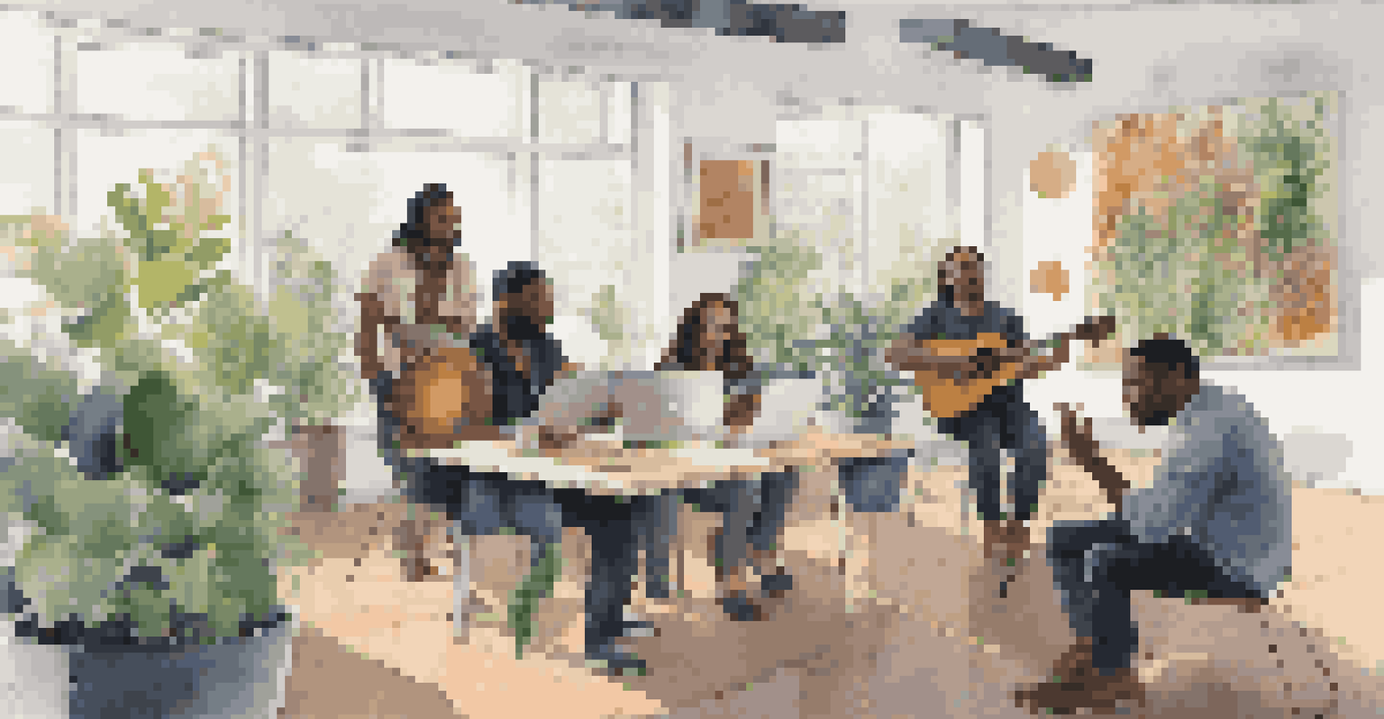 A diverse group of musicians collaborating around a laptop in a bright workspace.